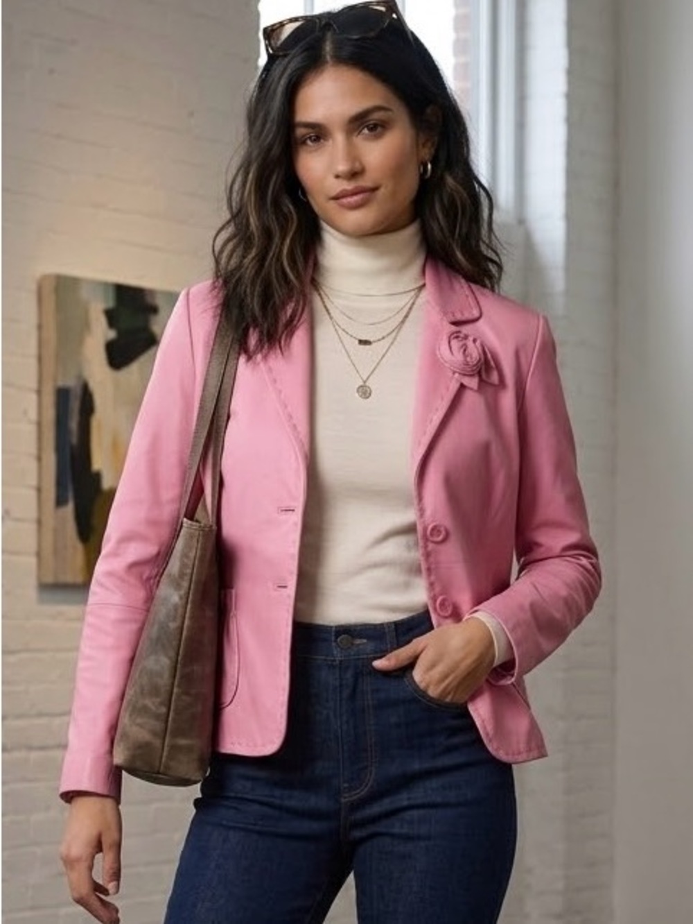 Wilson’s Leather pink jacket with flower detail
